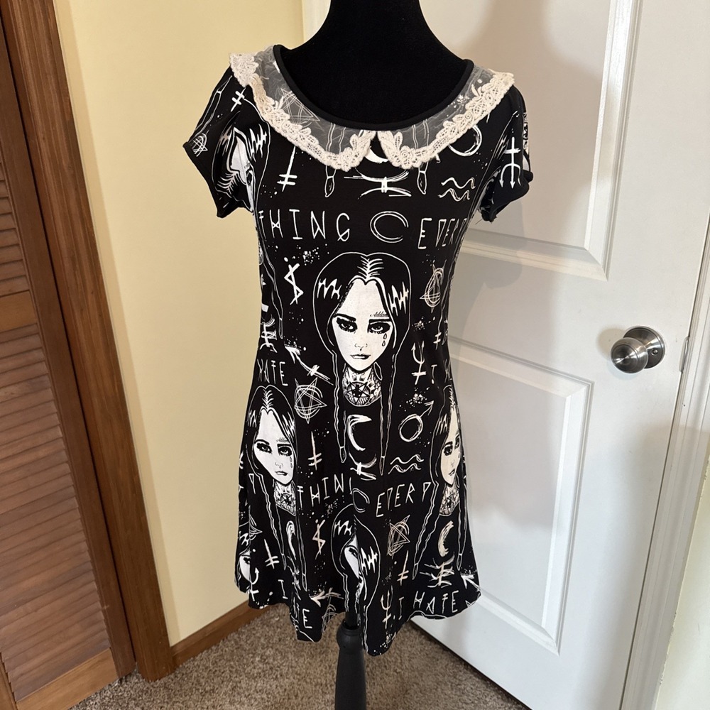 Rat Baby Black & White Wednesday Addams Graphic Print Dress With Collar Sz Large